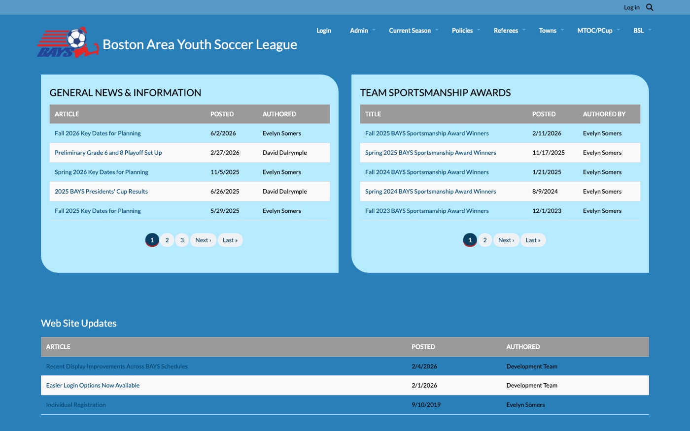BAYS (Boston Area Youth Soccer League) website